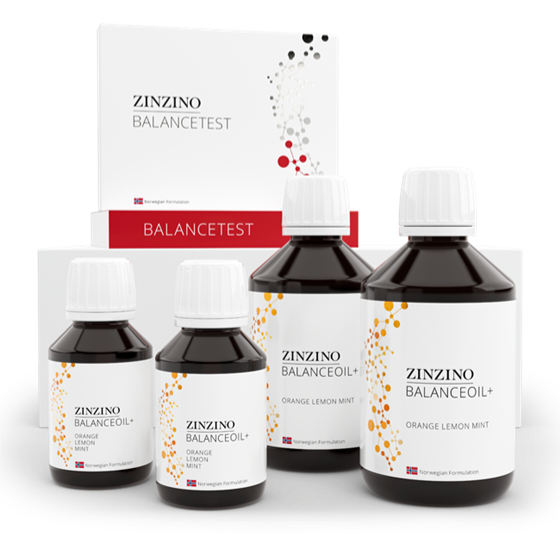 Das Foto zeigt Zinzino-Produkte, u. a. den Balancetest und das Balance Oil.